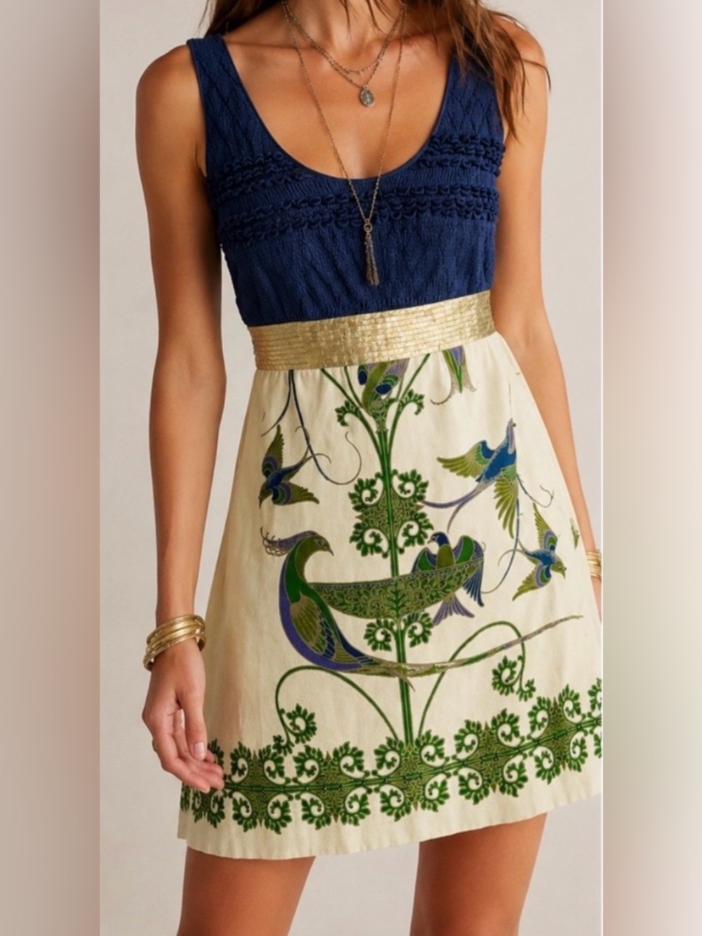 Navy & Cream Embroidered Dress by Free People "Birds of Paradise” in Size 0